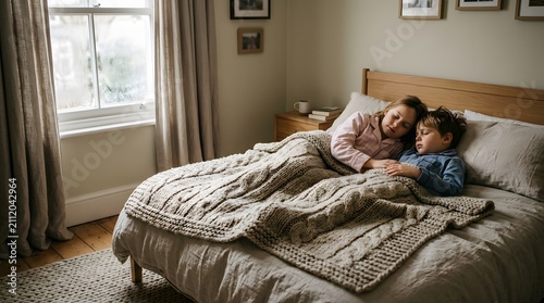 Sister and Brother sleeping in Comfort bed, made by Ai