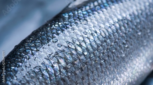 Close up of iridescent salmon fish scales with wet metallic texture and water droplets.