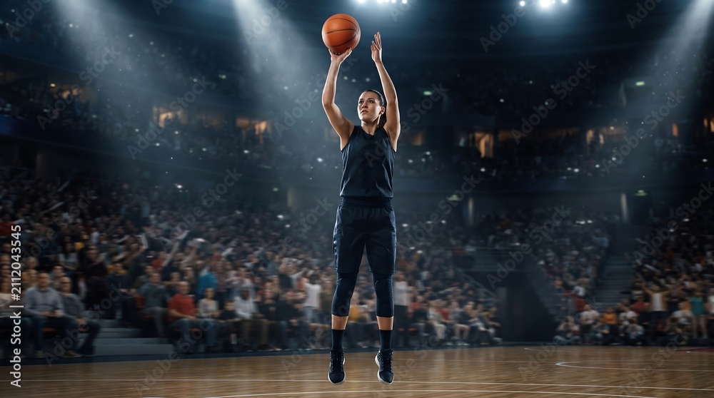Obraz premium Female Basketball Player Executing Jump Shot in Full Arena Stadium