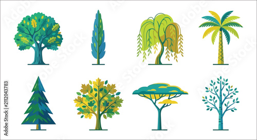 Bild auf Leinwand Collection Of Eight Different Tree Types A Flat Vector Illustration With A White