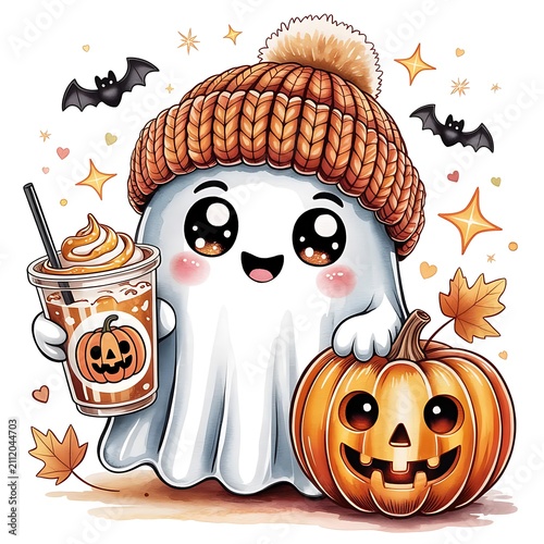 Cute ghost with pumpkin spice latte and jack-o-lantern. Kawaii autumn spirit illustration.