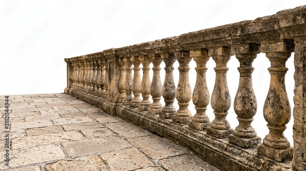 Fototapeta premium Weathered antique stone balustrade with ornate balusters on a historic terrace