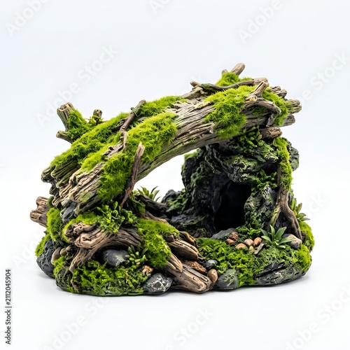Moss-covered driftwood aquarium decoration with cave and bridge design for fish tanks