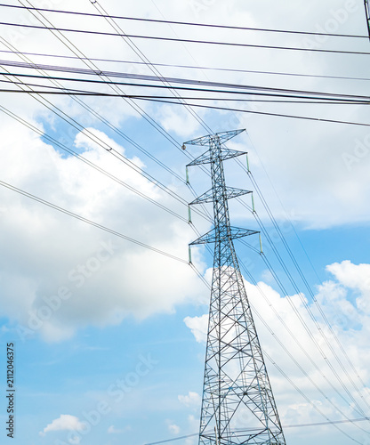 High voltage electric pole power line electric transmission tower background, technology energy clean ecosystem change green environment, substation construction pylon generator grid electricity.