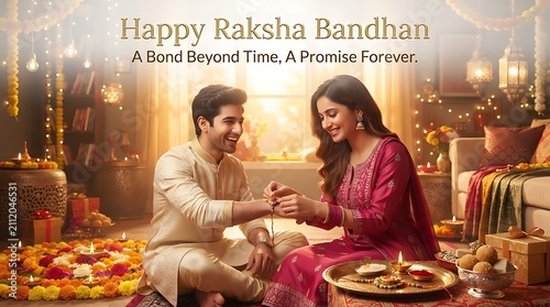 Indian siblings celebrating Raksha Bandhan. Sister tying rakhi thread on brother wrist.