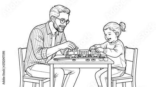 Fotografía Father and daughter playing with toy train, black and white line art vector, hap
