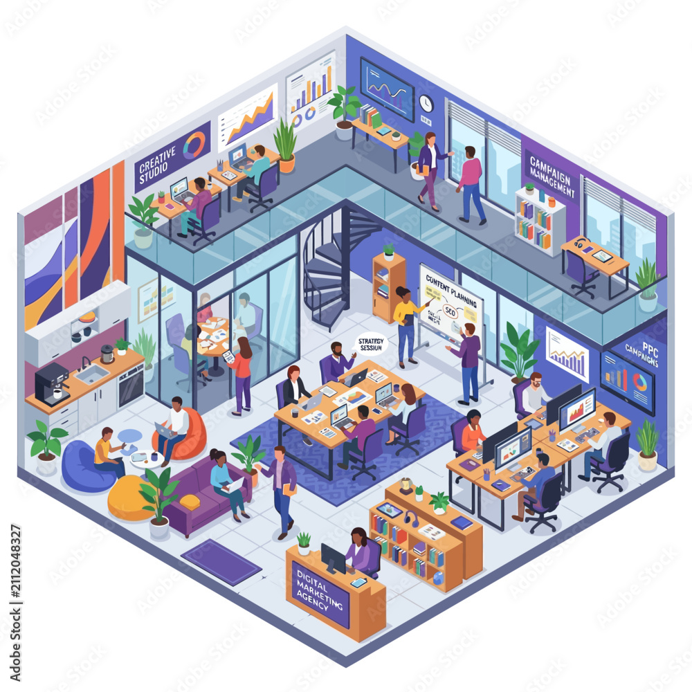 Fototapeta premium Modern open plan office space with diverse people working collaboratively.