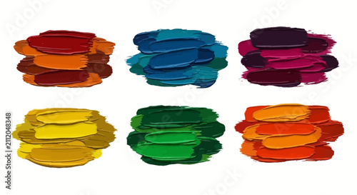 Acrylic paint brush strokes set, colorful oil paint texture smears, artistic palette knife swatches in 6 colors, vector paint dabs for art design