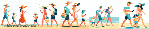Vector illustration of a family walking on the beach while using phone during a summer