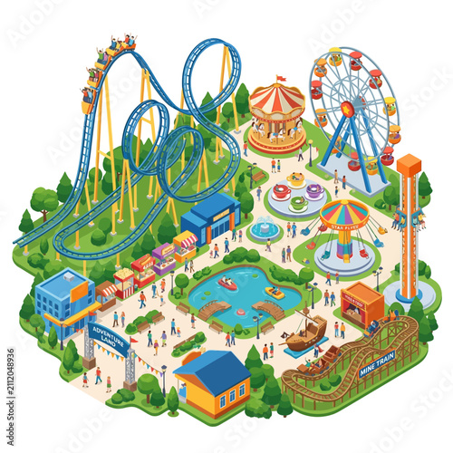 Vibrant amusement park scene with roller coaster Ferris wheel and rides.