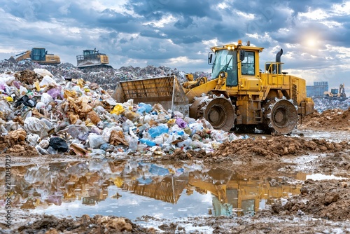 Heavy machinery compacting landfill waste under a cloudy sky