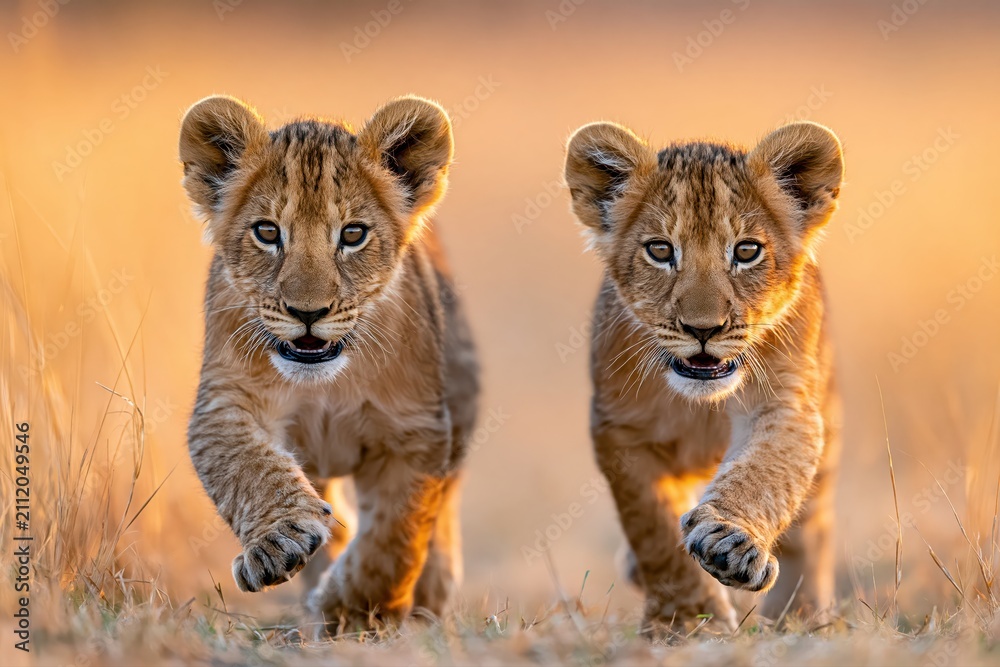 Obraz premium Two adorable lion cubs running towards the camera in golden hour light