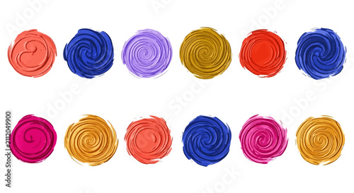Vibrant acrylic paint swirls set, colorful oil brush stroke circles, 12 textured impasto paint blobs for artistic design and makeup swatches