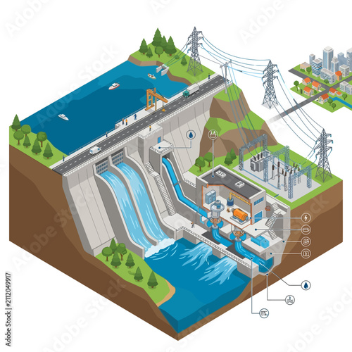 Hydroelectric Dam Power Generation Diagram and Infrastructure.