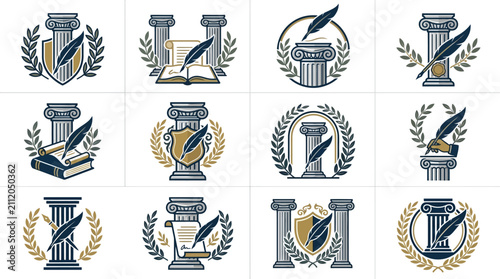 Fotografía Vector illustration set of ancient Greek helmets and shields.