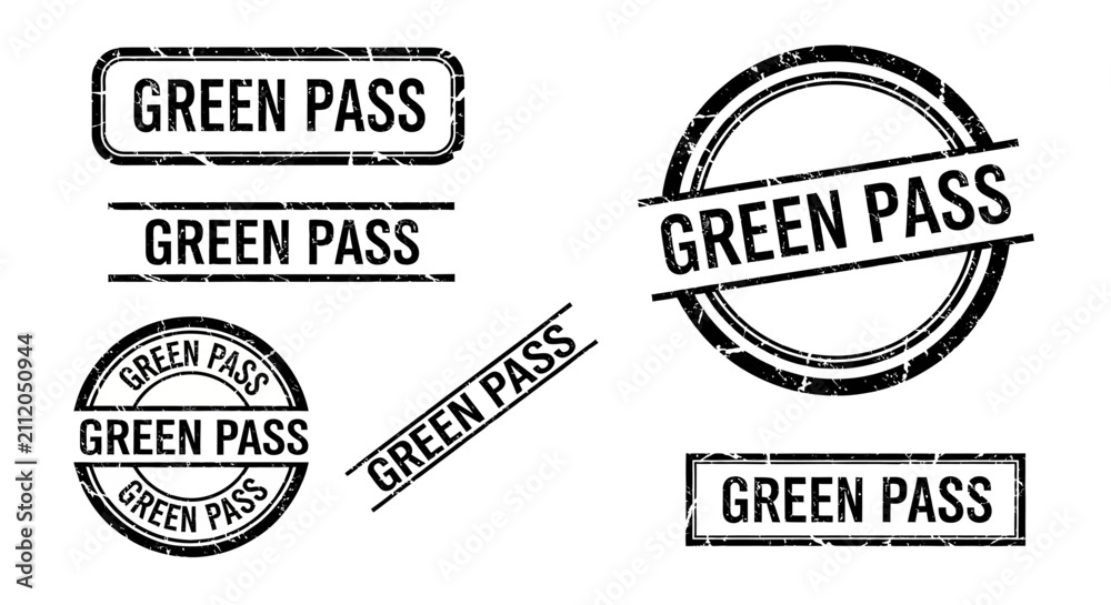 Obraz premium Vintage Green Pass rubber stamp collection, black grunge ink texture seal set, 6 distressed health certificate icons for travel and access