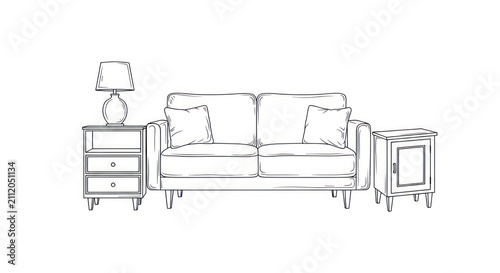 Sofa with lamp and side tables.