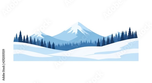 Snowy mountain landscape with pine trees.