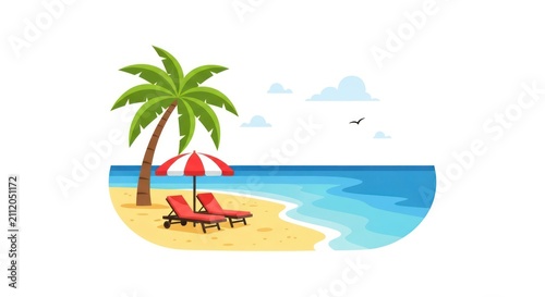 Tropical beach scene with palm tree.