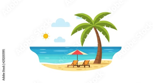Tropical beach scene with palm tree.