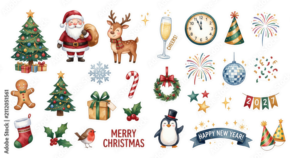 Naklejka premium Watercolor Christmas and New Year sticker pack with Santa, reindeer, gifts, and fireworks isolated on white or transparent background