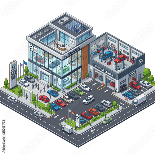 Modern Car Dealership Building with Showroom and Service Center Isometric View.