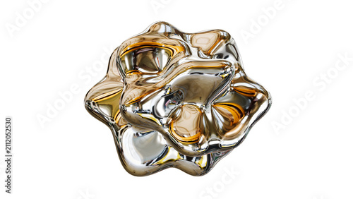 Abstract 3d metallic chrome liquid blob isolated on white, futuristic liquid metal object with high gloss reflection.