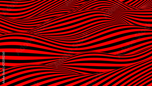 Wavy striped abstract background, red and black 3D wallpaper, rendering illus...