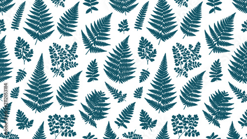 Konstfotografi Seamless pattern of teal fern frond silhouettes on white background