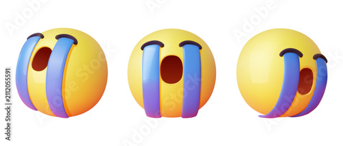 Set of 3d yellow smiley Loudly Crying Face Emoji with streams tears flowing from closed eyes expressions