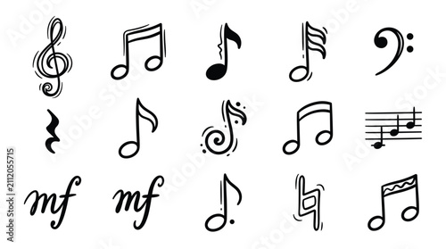 Music notation symbols set including clefs notes rests and musical staff lines for composing songs or teaching theory in hand drawn doodle illustration style.