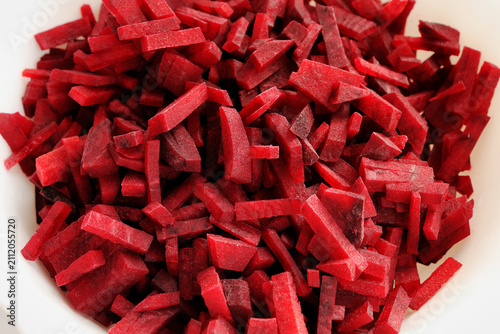 Beetroot sliced into strips.