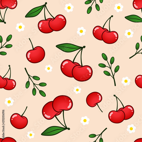 Cherry and Flower Seamless Pattern Background