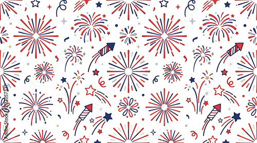 Seamless pattern with fireworks rockets and festive confetti elements for celebration and holiday themed background designs in patriotic red white blue colors.