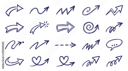 Set of blue hand-drawn sketchy arrows on white background, doodle style, modern and simple design elements for creative projects, abstract illustrations.