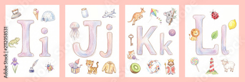 Watercolor I J K L Alphabet Poster with Cute Objects for Kids
