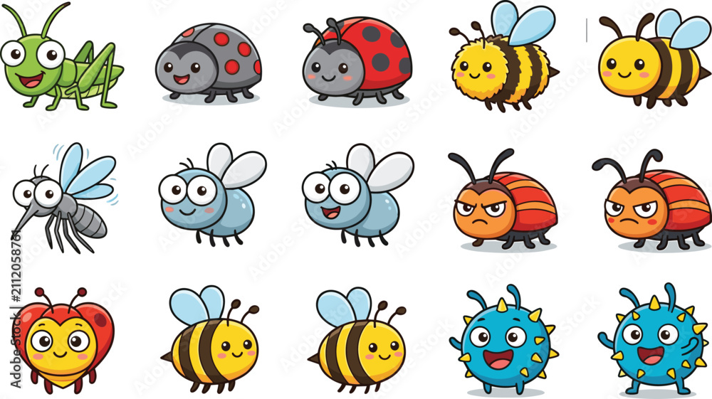 Fototapeta premium Playful Cartoon Insect Characters Clipart Collection Featuring Happy Grasshopper Ladybugs Honey Bees Mosquito Blue Flies Angry Beetles Heart Bug and Spiky Germs