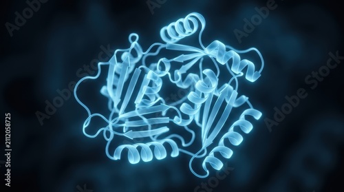 Close-up shot of complex protein structure scientific visualization focusing on details and expressions
