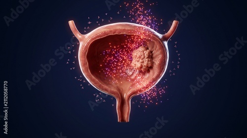 Medical illustration of a human urinary bladder showing localized infection or lesion with infection inflammation healthcare pathology diagnosis clinical