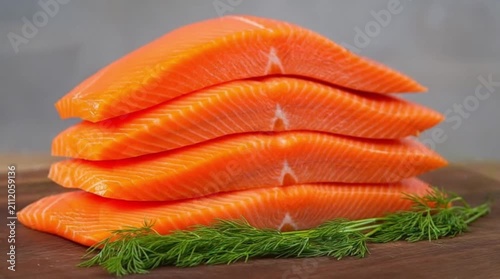 Four Raw Salmon Fillet Slices with Visible Fat Marbling Fresh Seafood Protein Ingredient