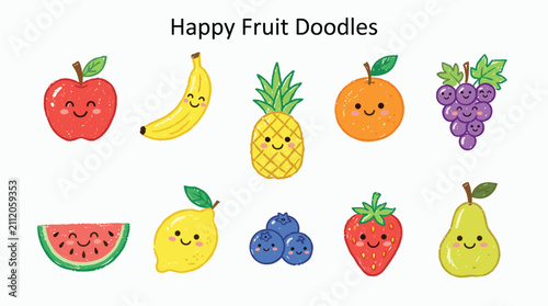 Set of cute happy fruit characters collection with faces isolated on white background featuring colorful whimsical fruit drawings for kids educational projects.