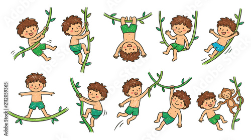 Set of cute little boy playing with liana, character in various poses climbing, swinging, hanging on jungle vines and with monkey.