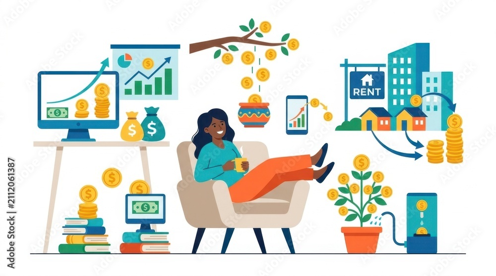 Fototapeta premium Illustration of a woman relaxing with multiple passive income sources