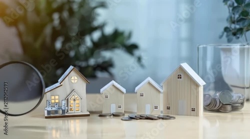 Hand Holding Magnifying Glass Over House Model Real Estate Property Inspection Home Buying Evaluation Concept