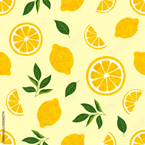 Yellow Lemon and Green Leaf Seamless Pattern Background