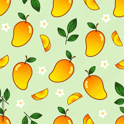 Flat Design Yellow and Green Mango Fruit Seamless Pattern Background