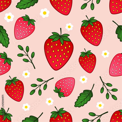 Strawberry and Flower Seamless Pattern Background