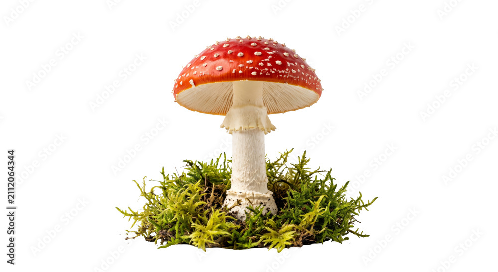 Fototapeta premium Iconic red and white spotted Amanita muscaria mushroom growing in moss