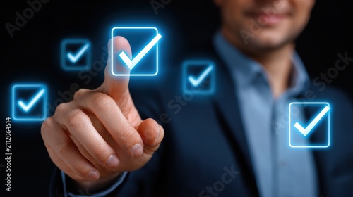 A person in a suit touches a glowing digital checkbox, symbolizing selection, approval, or task completion on a virtual interface.