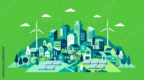 Flat vector illustration of a modern eco friendly smart city with solar panels and wind turbines, Symbolizing sustainable urban infrastructure and clean renewable energy transition